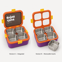 Boîte à lunch carrée étanche à 4 compartiments, insert en acier inoxydable 304, coque extérieure en ABS, anneau en silicone, boîte de préparation des repas