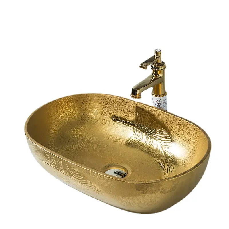 Golden Faucet Tap Set Bowl Sinks / Vessel Basins With Washbasin Ceramic Basin Sink Golden Ceramic Lavatory Basin