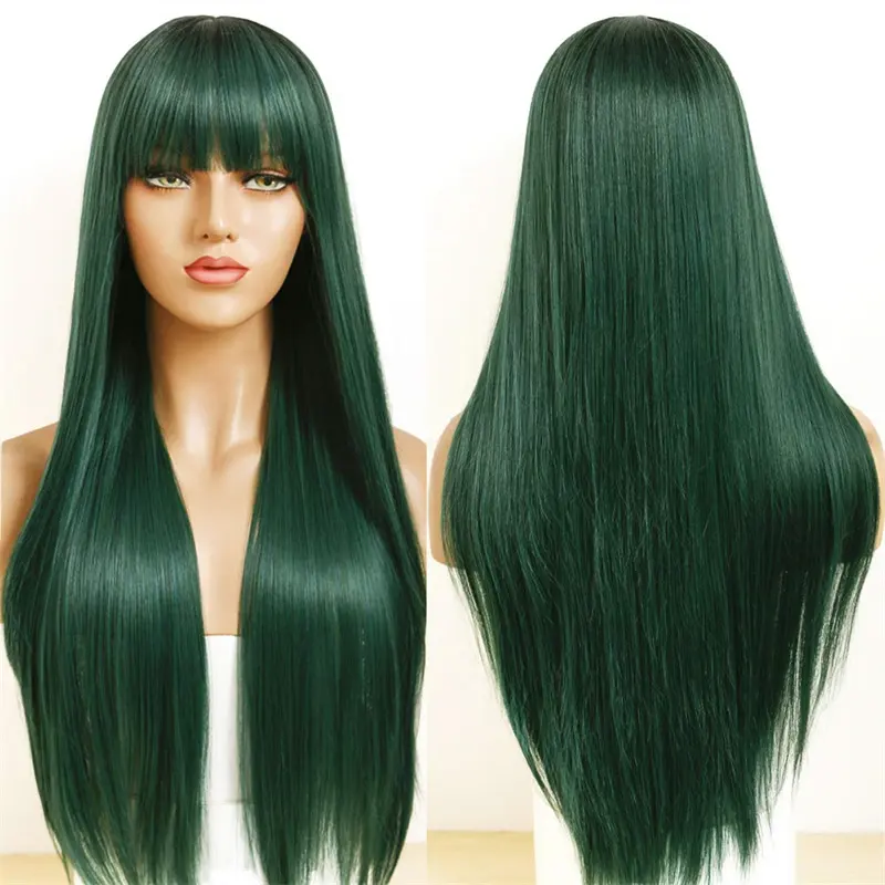 Parrucche brasiliane per capelli parrucca Cosplay Party parrucche verdi anteriori in pizzo con capelli umani lunghi e lisci con frangia per le donne