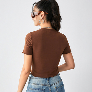 YD blus mode kerja wanita penjualan laris atasan leher V lengan panjang kasual gaya kancing dekorasi anyaman Logo depan pas badan - Product Image 4
