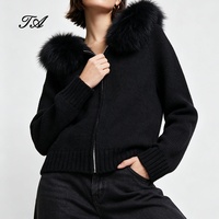 Manteau en tricot doux en mélange de laine personnalisé Tyan, avec col en vraie fourrure de renard, chaud et luxueux, pour l'automne, cardigan court pour femme