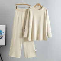 Ensemble pantalon et pull tricoté pour femme, coupe décontractée, jambe large, deux pièces, anti-boulochage, confort optimal, collection automne