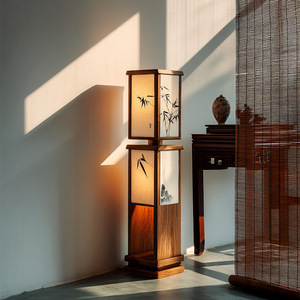 Lampe de sol carrée en bois massif avec peinture feuille de bambou, source lumineuse LED, commande par interrupteur, style zen rétro, pour salon ou salle de thé - Product Image 2