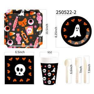 อุปกรณ์จัดปาร์ตี้ฮาโลวีน DAMAI ลายฟักทอง แมวดำ และผีน่ารัก ดีไซน์สีม่วงและดำ จานและผ้าเช็ดปากธีมฮาโลวีน - Product Image 5