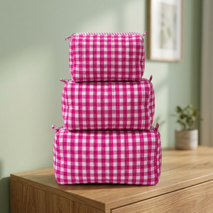 Juego de Bolsas de Cosméticos a Cuadros Rosas, Tamaño Mediano, Cierre de Cremallera, Bolsas de Viaje Multifuncionales, Material Textil, Estilo Encantador - Product Image 2
