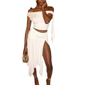 Conjunto de Falda de Color Sólido para Mujer, Top Sexy sin Mangas con Hombros Caídos y Lazos, Falda Midi con Abertura, Conjunto de 2 Piezas a la Moda - Product Image 4