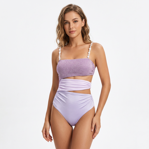 Women One Piece <b>Swimsuit</b> Pearl Bead Strap Glitter Bandeau Gradient Purple Waist Cutout Ruched <b>Monokini</b> Bathing Suit Wholesale - Product Image 1