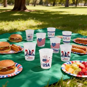 USA Flag Themed Plastic Cups Red White Blue 4th of July Party Supplies Digital Printed Reusable Drinkware - Product Image 1