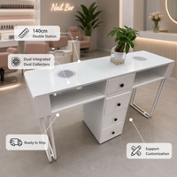 Table de manucure double haute brillance laquée de 140 cm avec 2 aspirateurs de poussière, poste professionnel pour salon