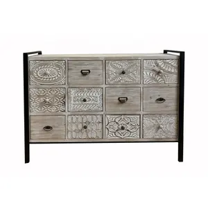 Wooden Cabinet antique crave pattern Furniture12 drawers wood and metal storage sideboard OEM manufacture