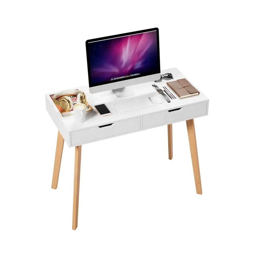 Nordic Minimalist Bedroom Dresser Table Home Work White Writing Desk For Adults With Baffle And Power Outlet, USB Ports