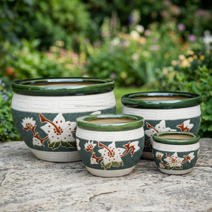 Pot en céramique de couleur verte, nouveau motif floral de décoration - Product Image 3