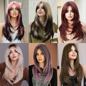 Rambut Palsu Grosir Ombre Pink Berlapis dengan Poni, Ekstensi Rambut untuk Wanita, Rambut Lurus Sintetis untuk Anime Drag Queen Pelucas - Product Image 3