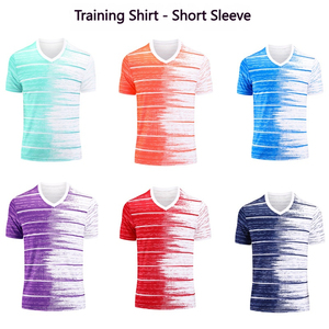 T-shirt d'entraînement à col en V rayé dégradé pour homme, séchage rapide, respirant, évacuation de l'humidité, logo personnalisable, manches courtes, 100% coton - Product Image 2