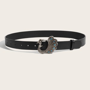 <span class=keywords><strong>Ceinture</strong></span> vintage pour femmes en PU noir avec boucle en alliage argenté antique incrustée de strass bleus - Product Image 5