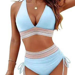 Conjunto de bikini sexy para mujer, cuello en V, cintura alta, parte inferior fruncida con ribete colorido, traje de baño de dos piezas - Product Image 1