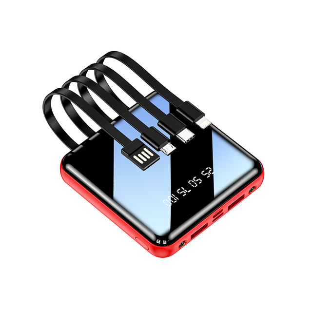 HWD New Design Mini Powerbank 10000mah With Led Screen Display  Built in 4 Cables Portable Charger Battery Storage