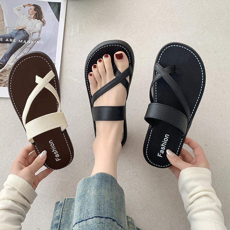 2025 Summer PU Leather Pattern Flip Toe Plastic PVC Flat Sandals