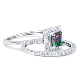 Anillos de Compromiso y Matrimonio de Dos Piezas con Halo, Chapados en Oro Blanco de 10K, con Topacio Místico Corte Princesa y Circonitas Cúbicas Arcoíris - Product Image 2