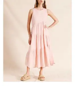 도매 캐주얼 여성 린넨 드레스 비대칭 계층 미디 카키 민소매 자연 허리 라인 인쇄 원피스