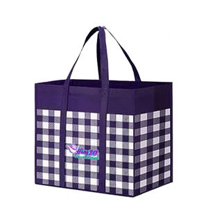 Sacs de courses réutilisables avec logo personnalisé, sac de courses pliable en tissu non tissé à carreaux, sac réutilisable avec longues poignées - Product Image 4