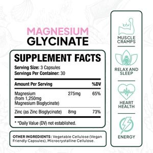 Glycinate de magnésium pur avec supplément de zinc pour femmes et hommes, pour les crampes musculaires et le soutien du sommeil, 90 capsules - Product Image 2