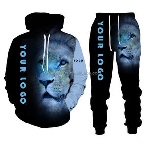OEM ODM Anime abbigliamento 3D stampato <span class=keywords><strong>leone</strong></span> <span class=keywords><strong>con</strong></span> <span class=keywords><strong>cappuccio</strong></span> personalizzato fatto sublimazione tuta tuta tuta 3d stampa due pezzi Set di pantaloni per gli uomini - Product Image 4