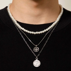 Collana Classica <span class=keywords><strong>con</strong></span> Perle per Uomo, Ciondolo Rotondo, Catene Multistrato per Maglioni, Gioielli <span class=keywords><strong>Maschili</strong></span> - Product Image 1