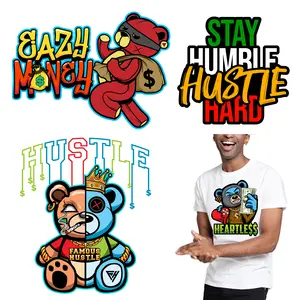 Wholesale Cartoon Iron On Cute Hustle Bear Custom Patches Clothing DIY Tshirt Applique Heat Printing Transfer Vinyl Stickers The