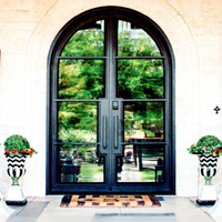Porte d'entrée double arquée en fer forgé et verre, style commercial 2025, pour patio extérieur en acier