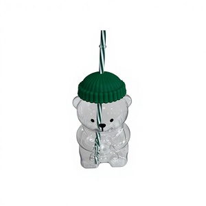 Borraccia Termica Trasparente Personalizzata da 20 oz a Forma di Orsetto in PC, <span class=keywords><strong>Tazza</strong></span> da Caffè in Plastica a Forma di <span class=keywords><strong>Orso</strong></span> con Cappello, Coperchio e Cannuccia - Product Image 4