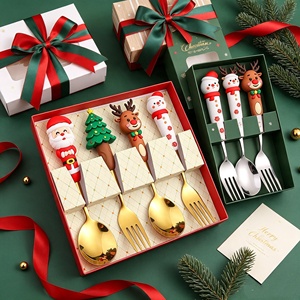Wholesale <b>Christmas</b> Spoon Fork Set <b>Christmas</b> Figure Ornament Handle Glossy Metal Cutlery Holiday <b>Gift</b> <b>Box</b> - Product Image 2