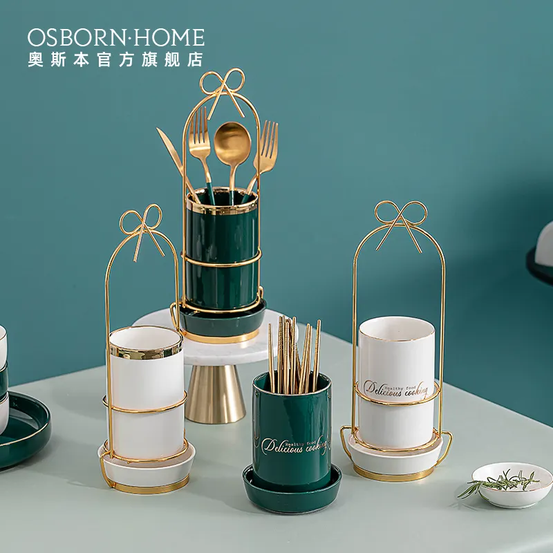 OSBORN Ceramic chopstick utensil holder rests cylinder bucket Drain basket Knife, fork and spoon storage