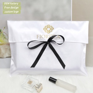 Reusable Custom Logo Printed Blue Satin <b>Envelope</b> Cosmetic Wallet Handbag Dust Pouch With Ribbon Tie Lingerie Gift Hair Wig Bag - Product Image 1