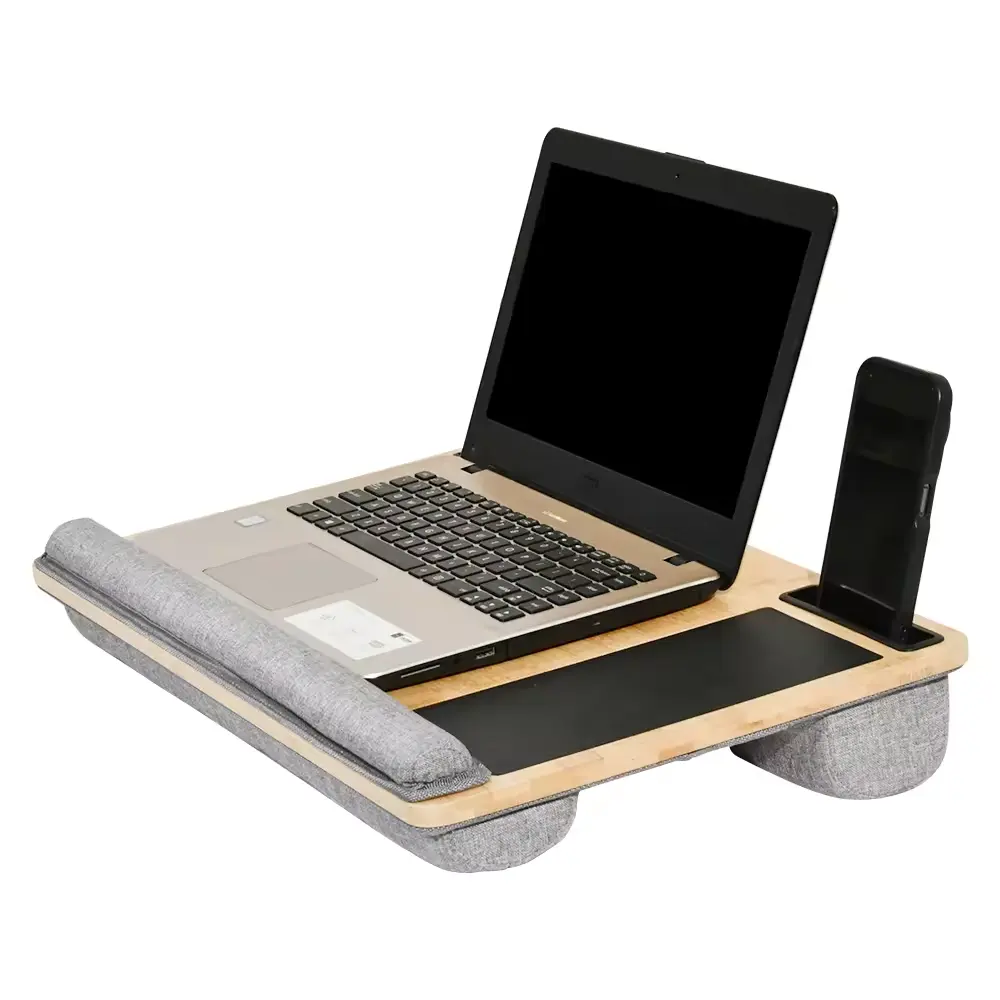 YOULIKE Acacia Wood Bed Tray Lap Desk with Detachable Calming Gray Cushion Serving Tray for 15.6 Inch Laptops