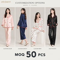 Ensemble deux pièces rose aspect satiné pour femme, pyjama à manches longues et boutons sur le devant, vêtements de détente, fabricant OEM personnalisé