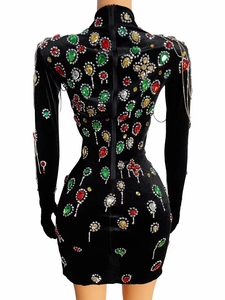Vintage siyah kadife Rhinestones püskül düğün parti elbise bayanlar sahne dans kostümü kadınlar seksi Bodycon kulübü balo kıyafetleri - Product Image 4