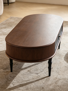 <b>Retro</b> Oval Wooden Coffee <b>Table</b> with Drawer, Fluted Design & Turned Legs for Living Room - Product Image 5