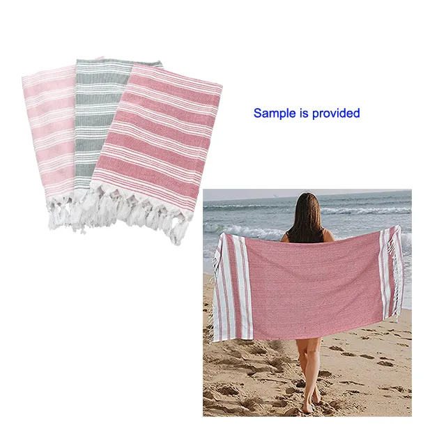 Toalha de praia listrada de poliéster, tela solar de algodão com borla para praia e linho de algodão cortado
