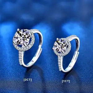 Cincin berlian bulat berlapis emas putih 925 perak 18K Moissanite 1ct cincin pertunangan klasik