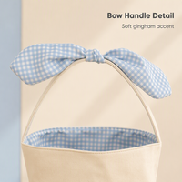 Panier à œufs de Pâques en tissu à carreaux Gingham avec nœud, applique lapin, queue pompon, cinq couleurs pastel et poignée arquée doublée