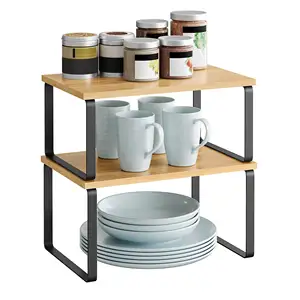 Venta al por mayor armario moderno estante organizador apilable Juego de 2 personalizar bambú cocina mostrador estante de especias - Product Image 1