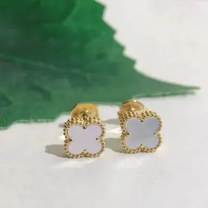 Fashionable Jewelry Clover White Fritillaria Red Chalcedony 925 Sterling Silver Plated 18k Rose Gold Women's Charm Earrings