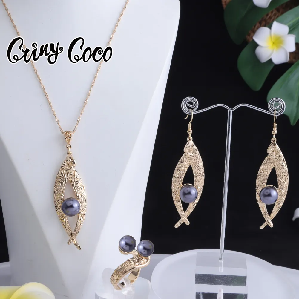 Cring CoCo Eyes Kalung Mutiara Guam Keluaran Baru 14K Set Polinesia Emas 3 Buah Cincin Perhiasan Hawaii Grosir