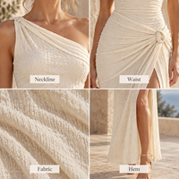 Robe Midi Femme Marque Privée Jacquard Froncée Drapée Asymétrique à Épaule Unique avec Anneau Décoratif Fente Haute Moulante pour Occasions Spéciales