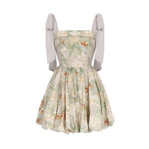 Robe mini élégante à imprimé floral avec bretelles à nœud, col épaules dénudées, coupe trapèze, ourlet bouffant, robe d'été décontractée pour soirée - Product Image 6