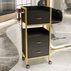 Set di Arredamento per Salone di Lusso Flash Nero e Oro, <span class=keywords><strong>Specchio</strong></span> LED Bifacciale, Sedia da Barbiere Placcata in Oro, Carrello Porta Attrezzi con Ruote - Product Image 6