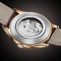 Montre mécanique automatique pour hommes, cadran couleur or rose, bracelet en cuir, affichage de la date, montre-bracelet habillée
