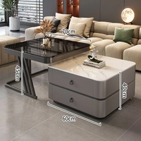 Ensemble de tables basses gigognes modernes extensibles avec plateau en marbre et pieds en métal doré, tiroirs de rangement, table centrale pour salon