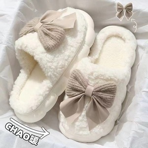 Home <b>Slippers</b> Women Winter Plush Open Toe EVA Sole Soft Indoor <b>Slipper</b> With Bow Decoration - Product Image 1